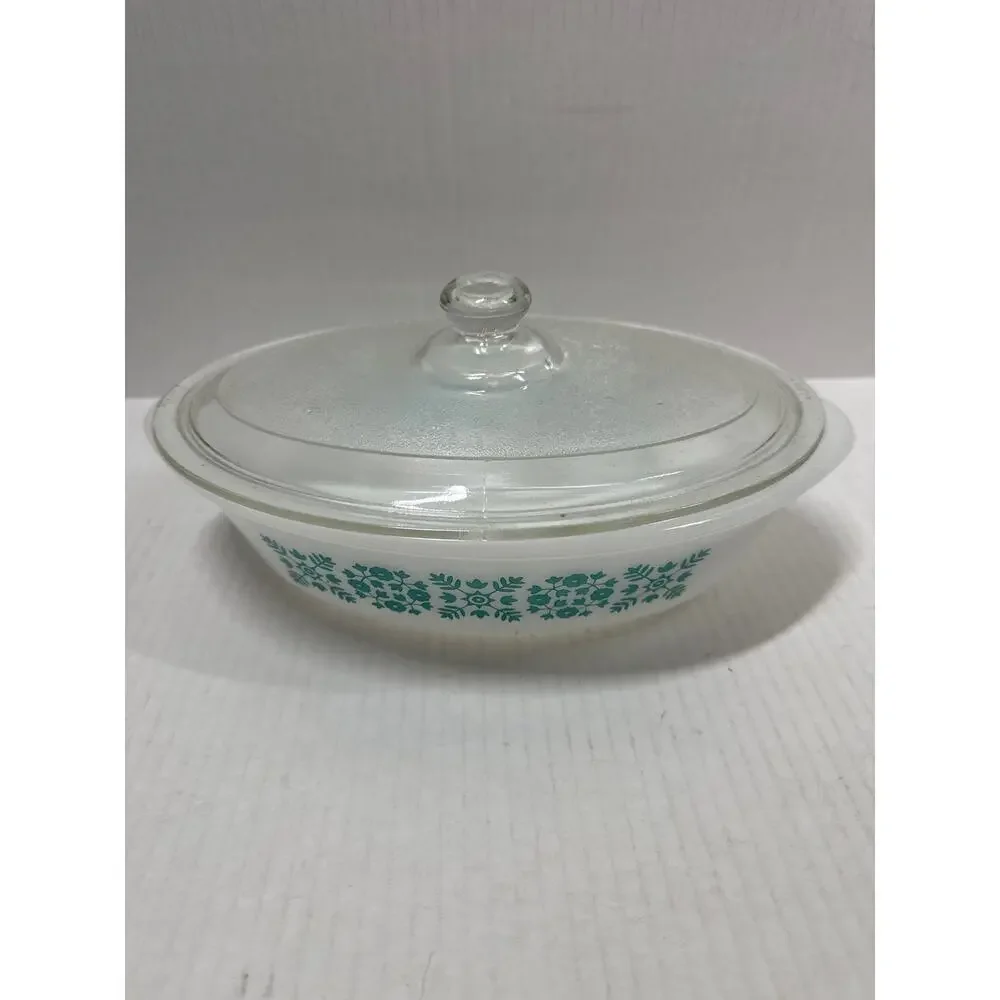Vintage Glasbake Oval Casserole Dish Milk Glass Turquoise Blue Snowflake Flowers